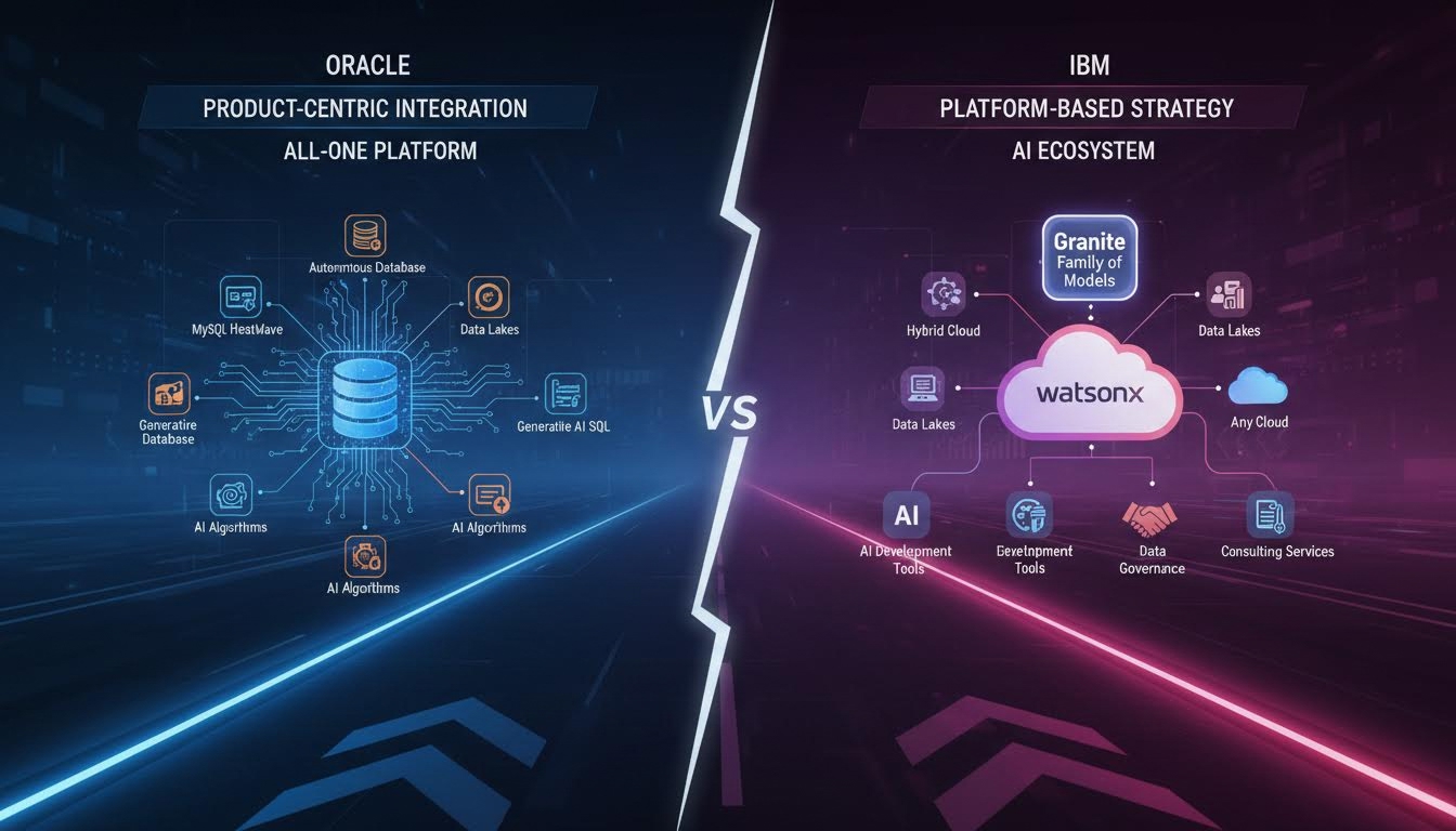 Oracle vs IBM enterprise AI strategy comparison showing Oracle's product-centric all-in-one database platform versus IBM's watsonx platform-based AI ecosystem across hybrid cloud, data, and governance