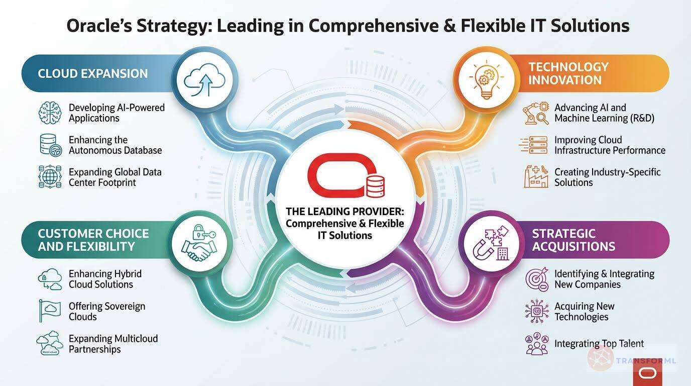 Oracle corporate strategy infographic highlighting leadership in comprehensive and flexible IT solutions through cloud expansion, AI-driven innovation, customer choice, and strategic acquisitions.