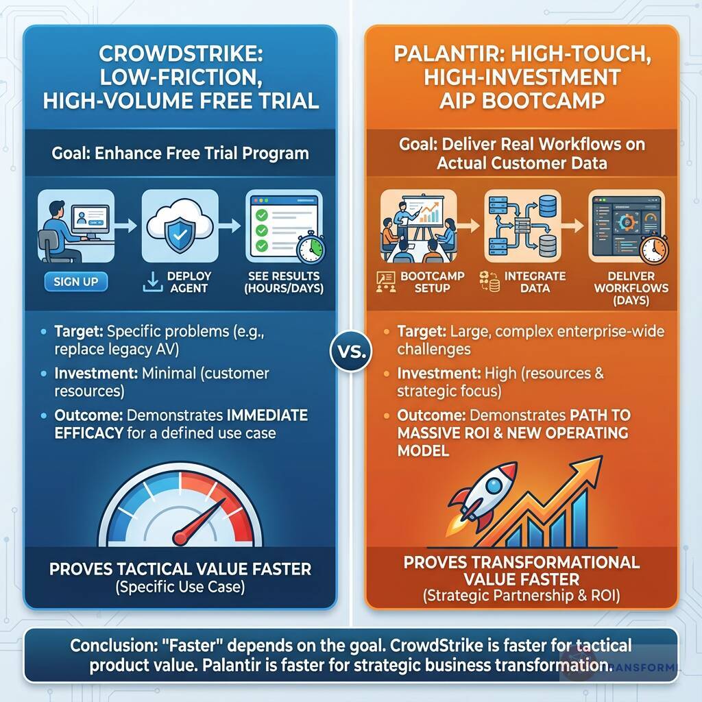 Go-to-market strategy comparison showing CrowdStrike's low-friction, high-volume free trial model versus Palantir's high-touch, high-investment AIP bootcamp approach.