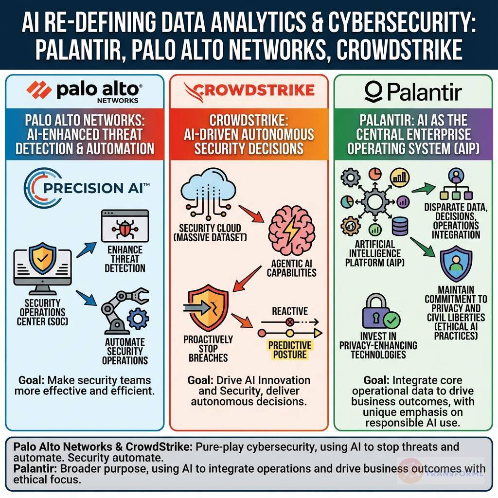 AI-driven cybersecurity and data analytics comparison showing Palo Alto Networks' threat detection automation, CrowdStrike's autonomous security decisions, and Palantir's enterprise AI operating system.
