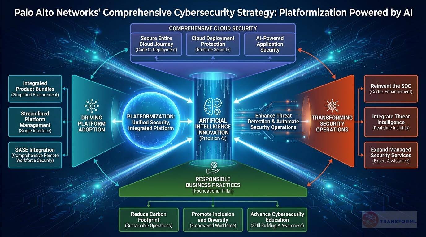 Palo Alto Networks cybersecurity strategy diagram showing AI-powered platformization, unified cloud security, automated threat detection, security operations transformation, and responsible business practices.