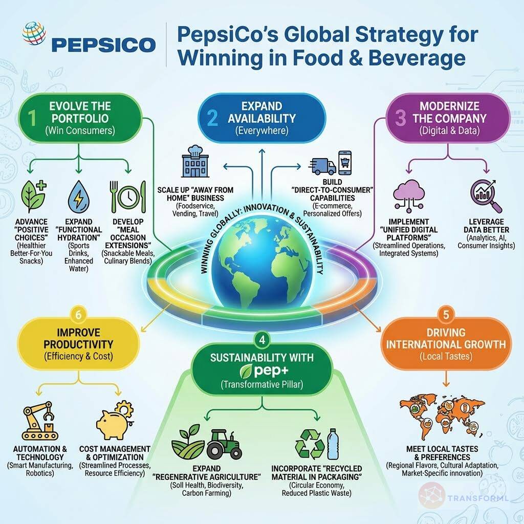 PepsiCo global strategy framework illustrating portfolio evolution, sustainability pep+, digital transformation, international growth, and productivity optimization