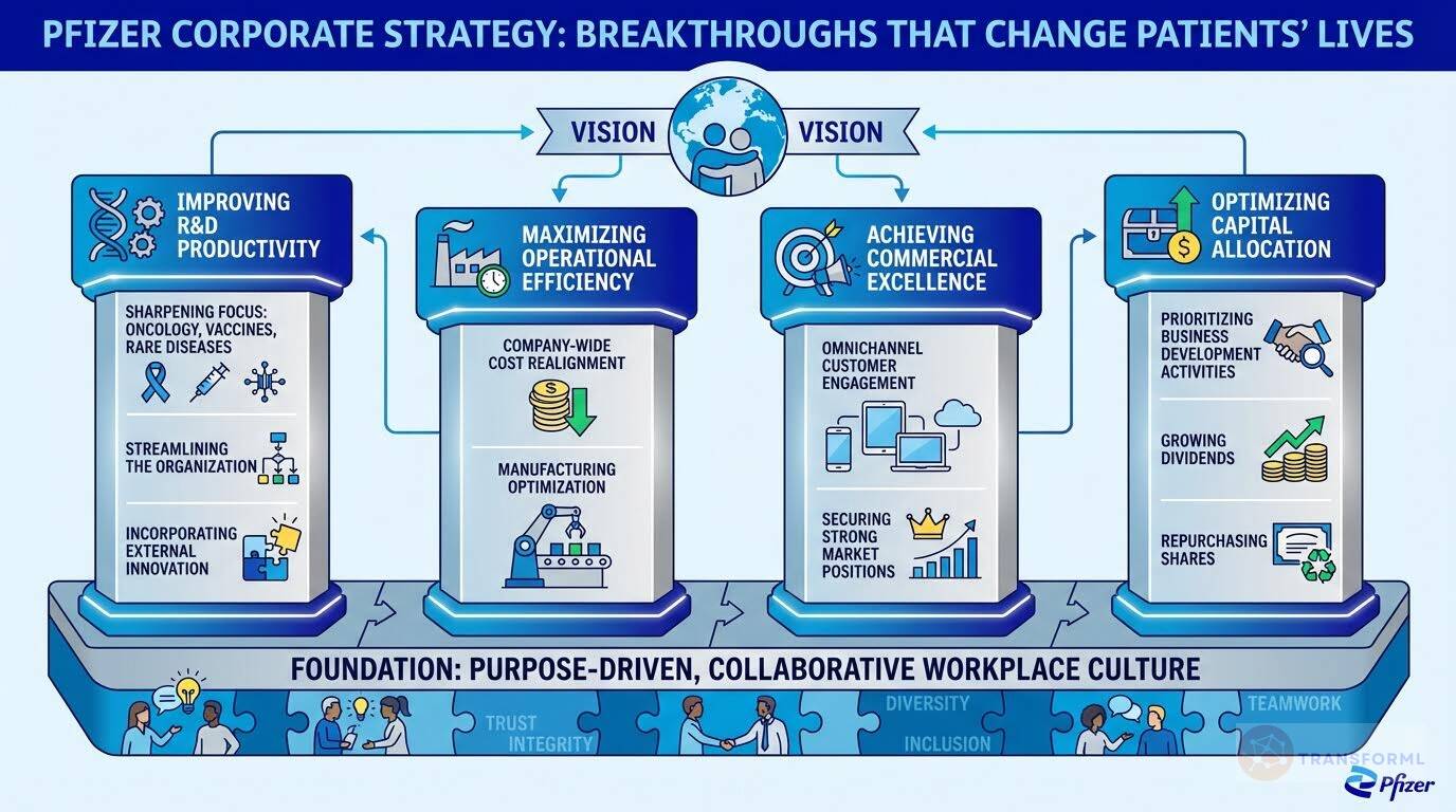 Corporate strategy framework of Pfizer showing R&D productivity, operational efficiency, commercial excellence, and disciplined capital allocation supported by a collaborative culture.
