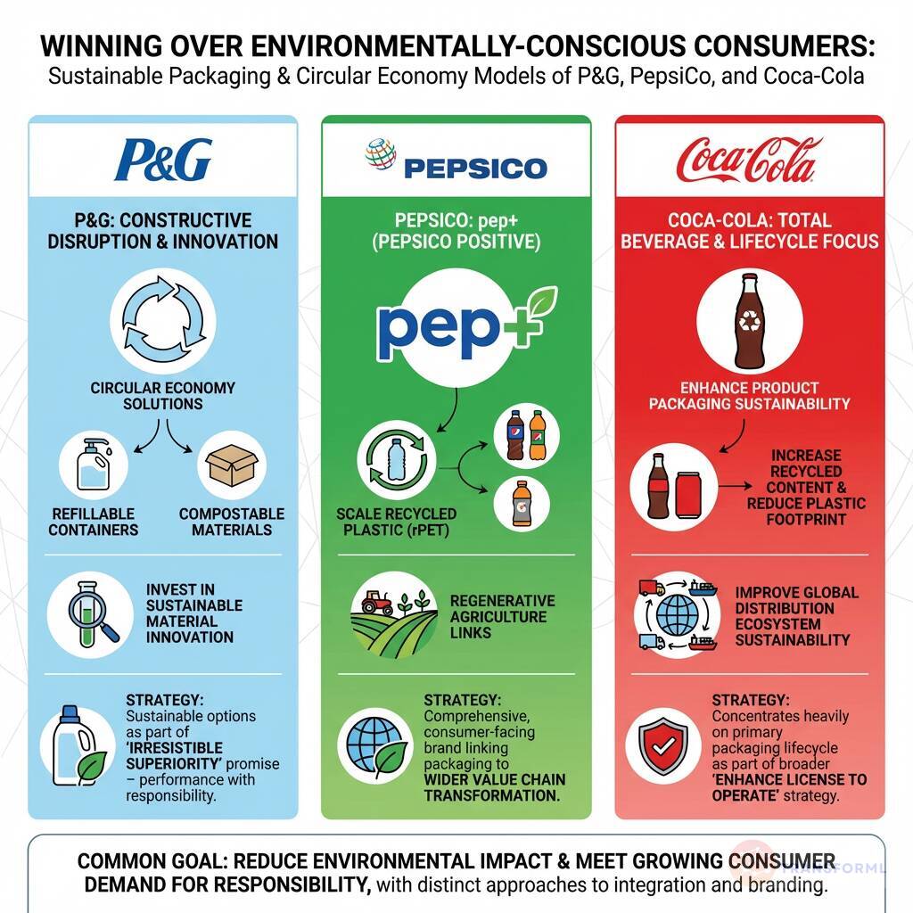 Sustainable packaging strategy comparison showing P&G's circular economy innovation, PepsiCo's pep+ recycled plastic and regenerative agriculture focus, and Coca-Cola's packaging lifecycle and recycling initiatives.