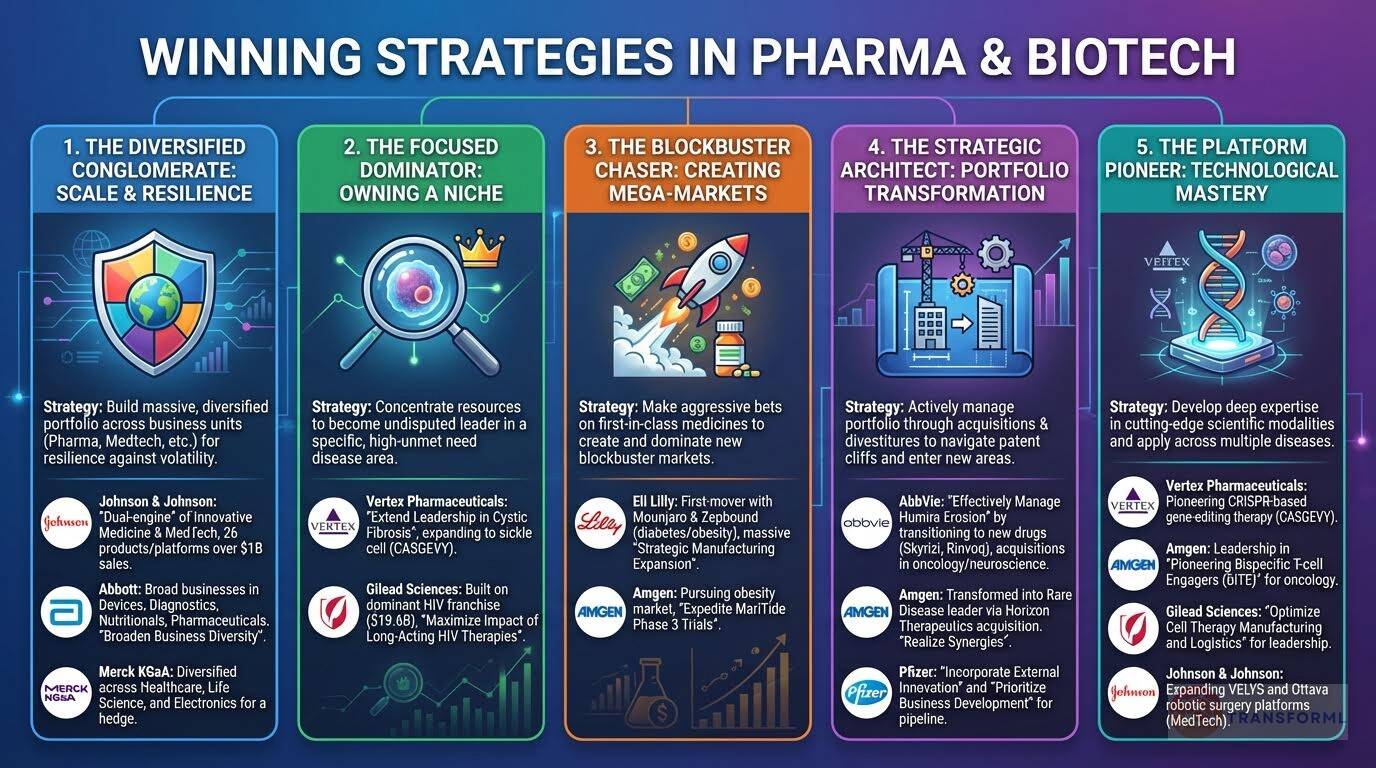Winning strategies in pharma and biotech outlining diversification, niche leadership, blockbuster drug creation, portfolio transformation, and advanced scientific platforms