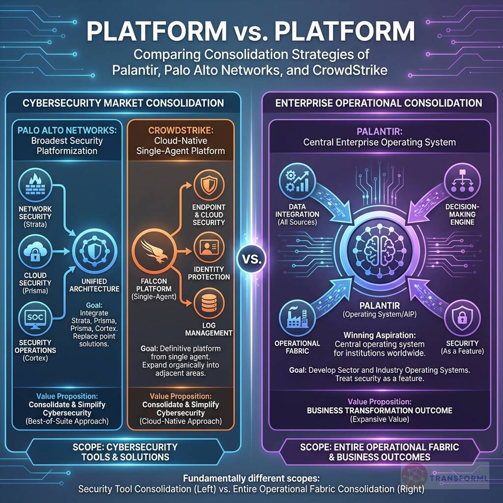 Platform consolidation comparison illustrating Palo Alto Networks and CrowdStrike consolidating cybersecurity tools versus Palantir consolidating enterprise operations and decision-making platforms.