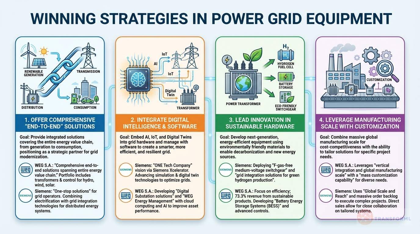 Winning strategies in power grid equipment showing end-to-end energy solutions, digital intelligence, sustainable hardware innovation, and customized manufacturing at scale