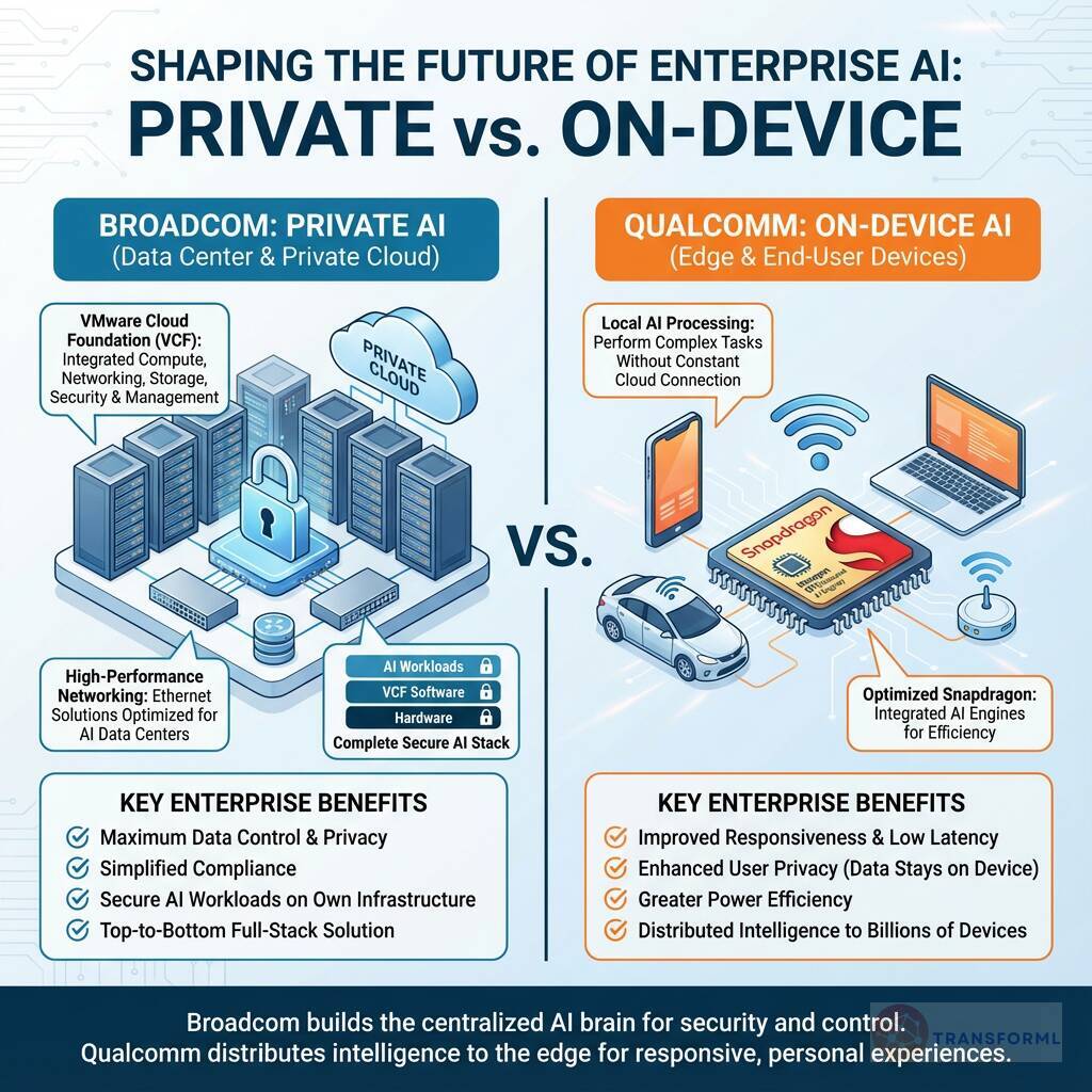 Infographic comparing Broadcom private AI in data centers versus Qualcomm on-device AI at the edge for enterprise AI deployment strategies.