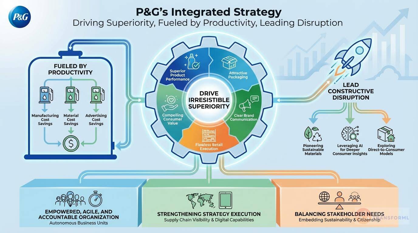 P&G integrated strategy illustration focused on productivity-driven growth, consumer value, operational excellence, and disruptive innovation