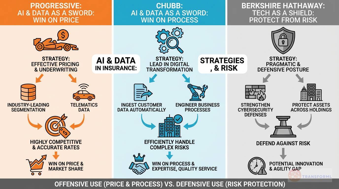 Comparison of Progressive, Chubb, and Berkshire Hathaway insurance strategies, showing offensive use of AI and data for pricing and process efficiency versus defensive technology use for risk protection.