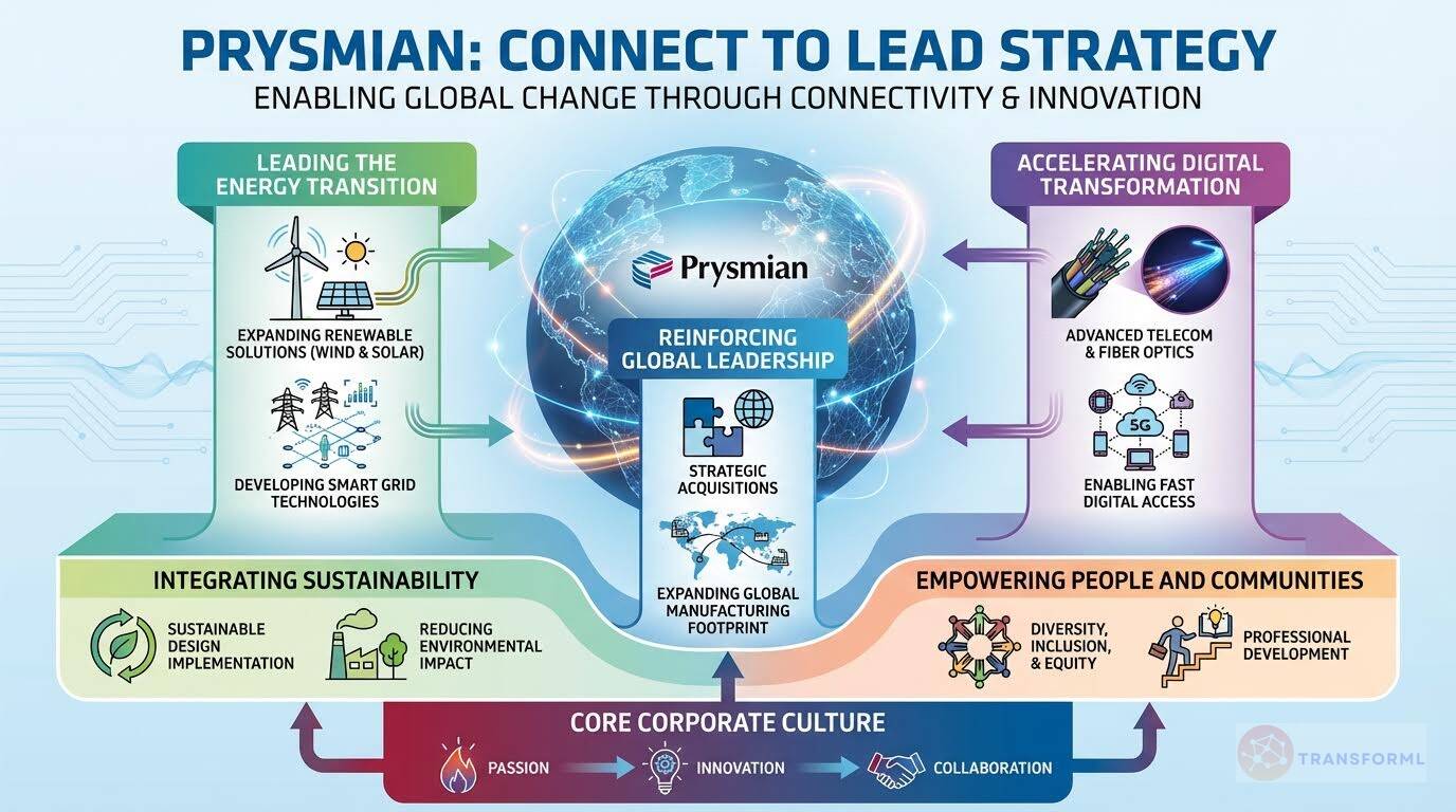 Corporate strategy overview of Prysmian focusing on global leadership in connectivity, energy transition, digital transformation, sustainability integration, and strategic acquisitions.