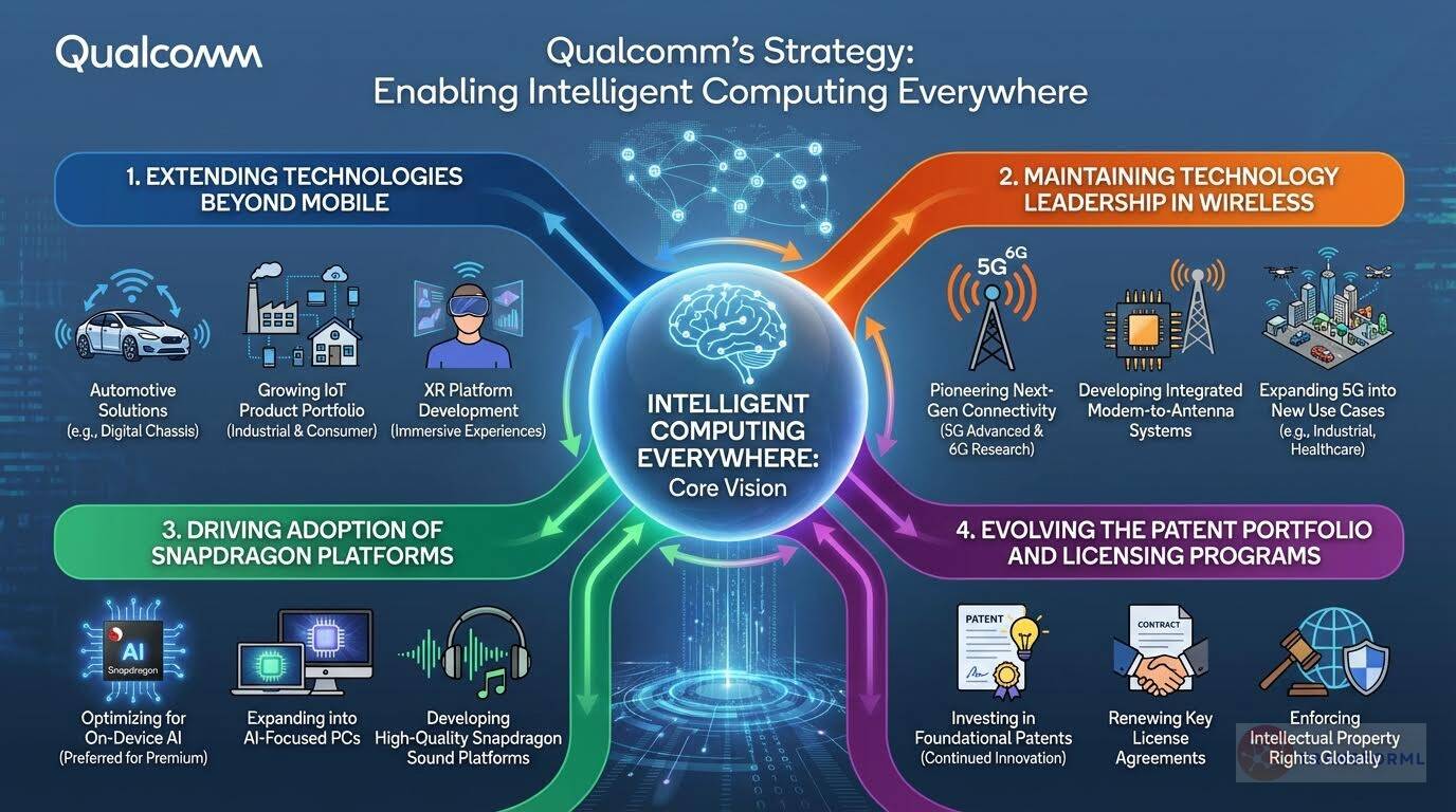 Qualcomm corporate strategy infographic showcasing intelligent computing everywhere, Snapdragon platform adoption, wireless leadership, and patent licensing