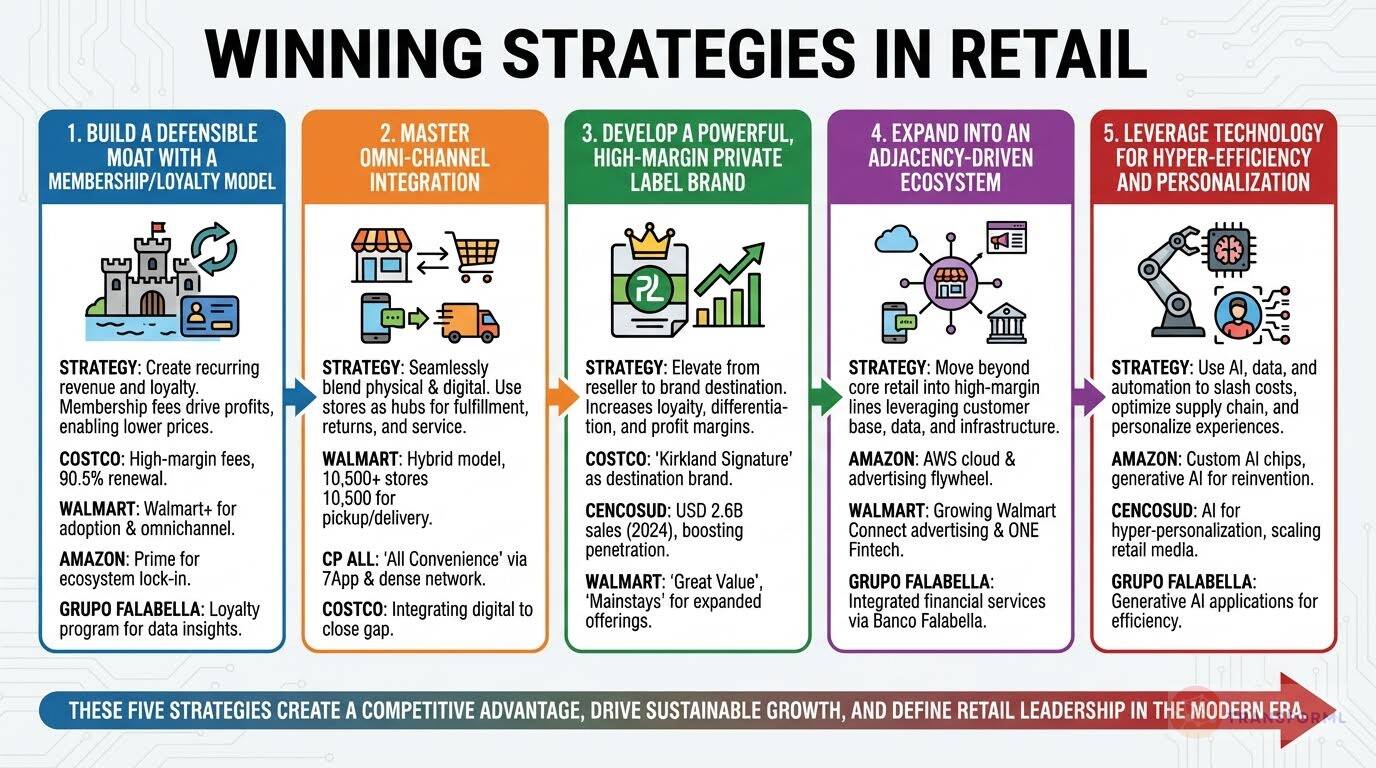 Winning strategies in retail infographic illustrating loyalty-based moats, omnichannel integration, private-label growth, adjacency ecosystems, and AI-driven personalization