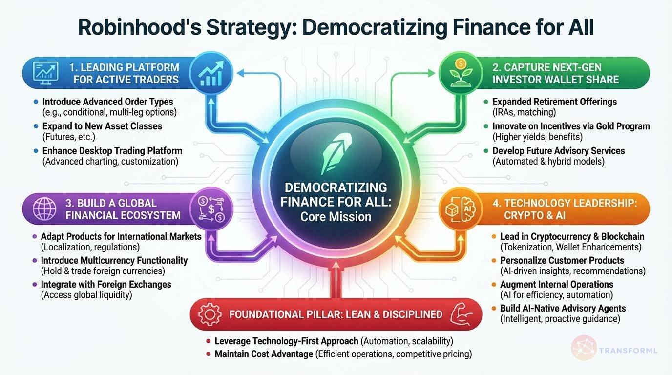 Robinhood corporate strategy diagram showing democratizing finance through trading innovation, crypto, AI, and global financial ecosystem expansion