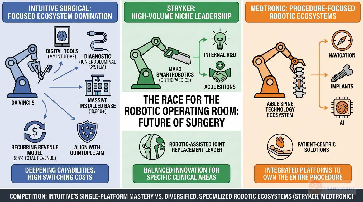 Infographic showing the future of the robotic operating room, comparing Intuitive Surgical's platform dominance with Stryker's niche leadership and Medtronic's procedure-focused robotic ecosystems.