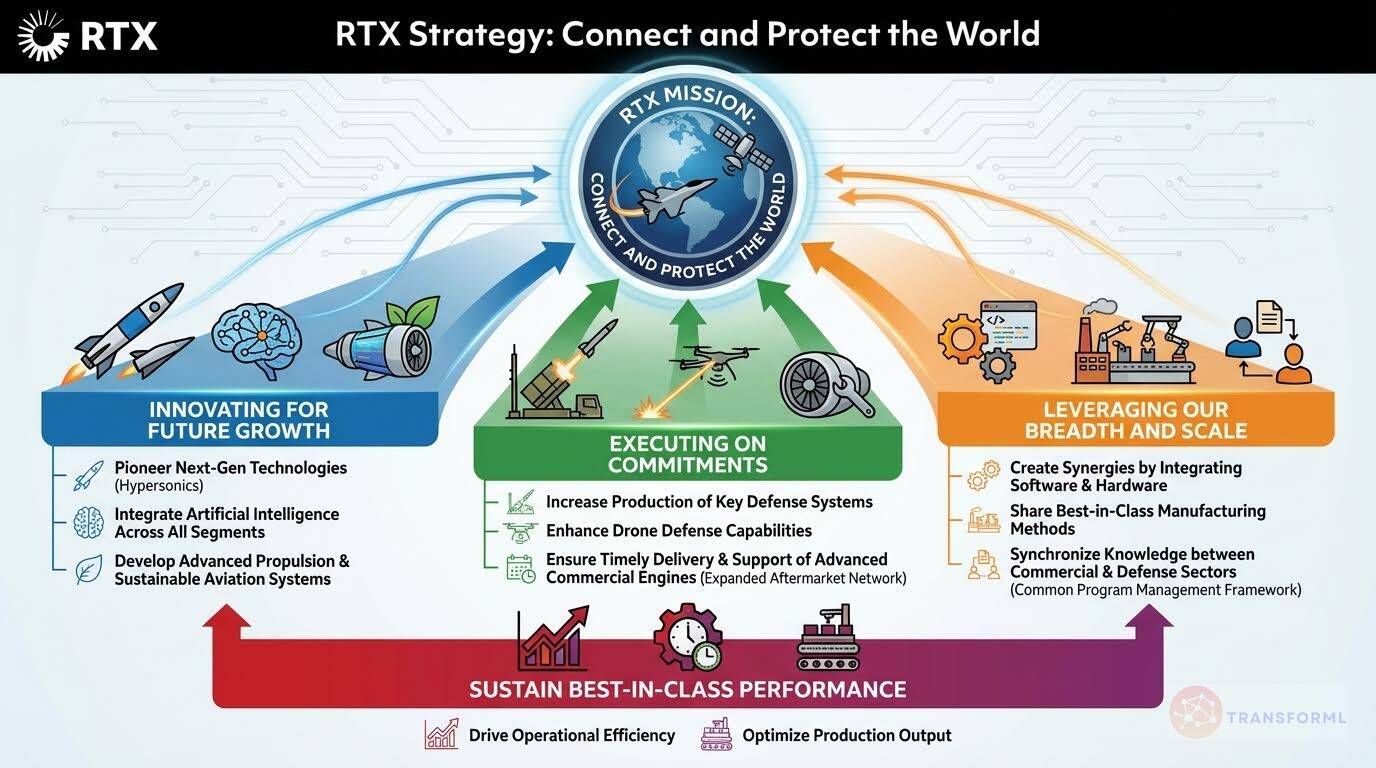 RTX corporate strategy visualization highlighting defense innovation, AI integration, operational execution, and global security and aerospace leadership