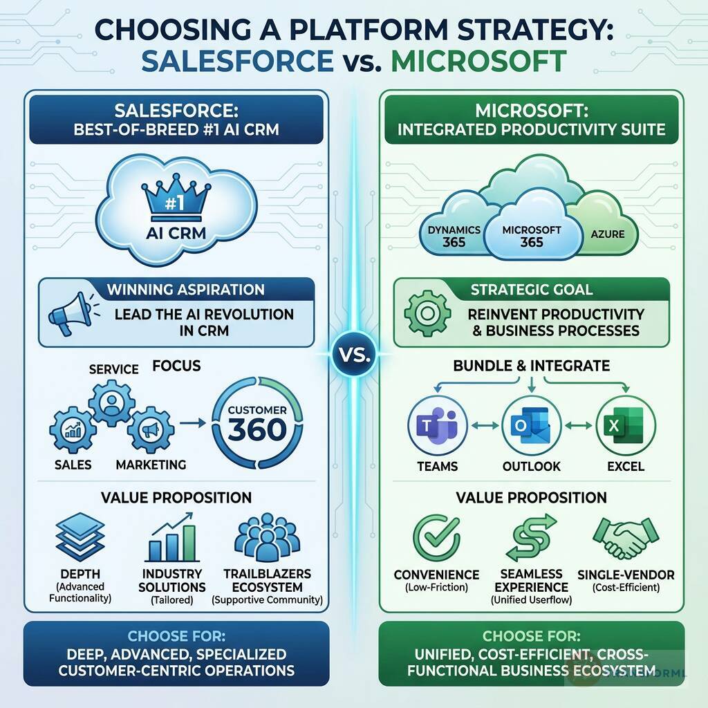 Platform strategy comparison between Salesforce best-of-breed AI CRM and Microsoft's integrated productivity and business software ecosystem.