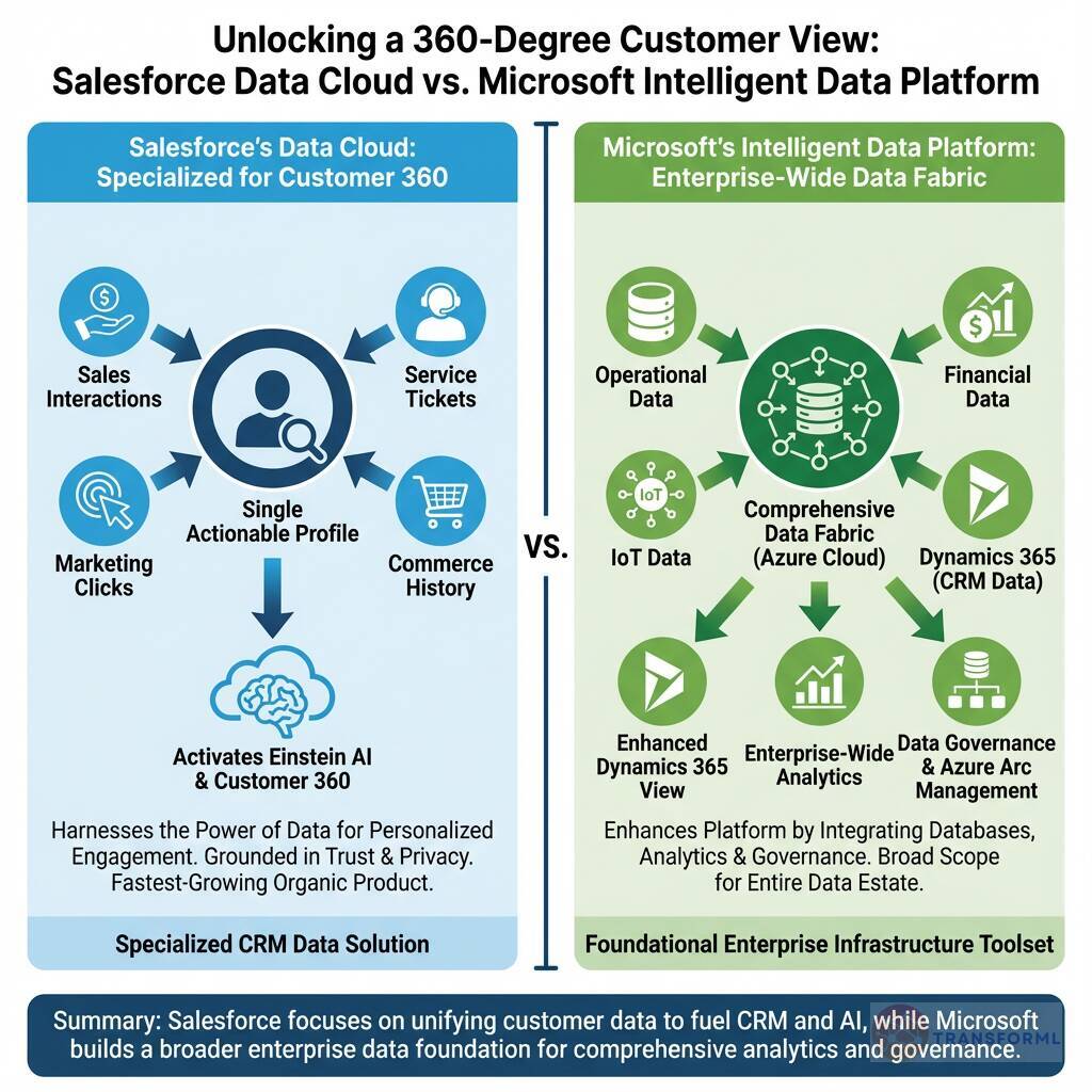 Comparison of Salesforce Data Cloud and Microsoft Intelligent Data Platform for building a 360-degree customer view and enterprise data fabric.