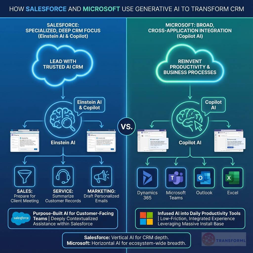 Side-by-side infographic comparing Salesforce Einstein AI and Microsoft Copilot AI for transforming CRM and customer-facing business processes.