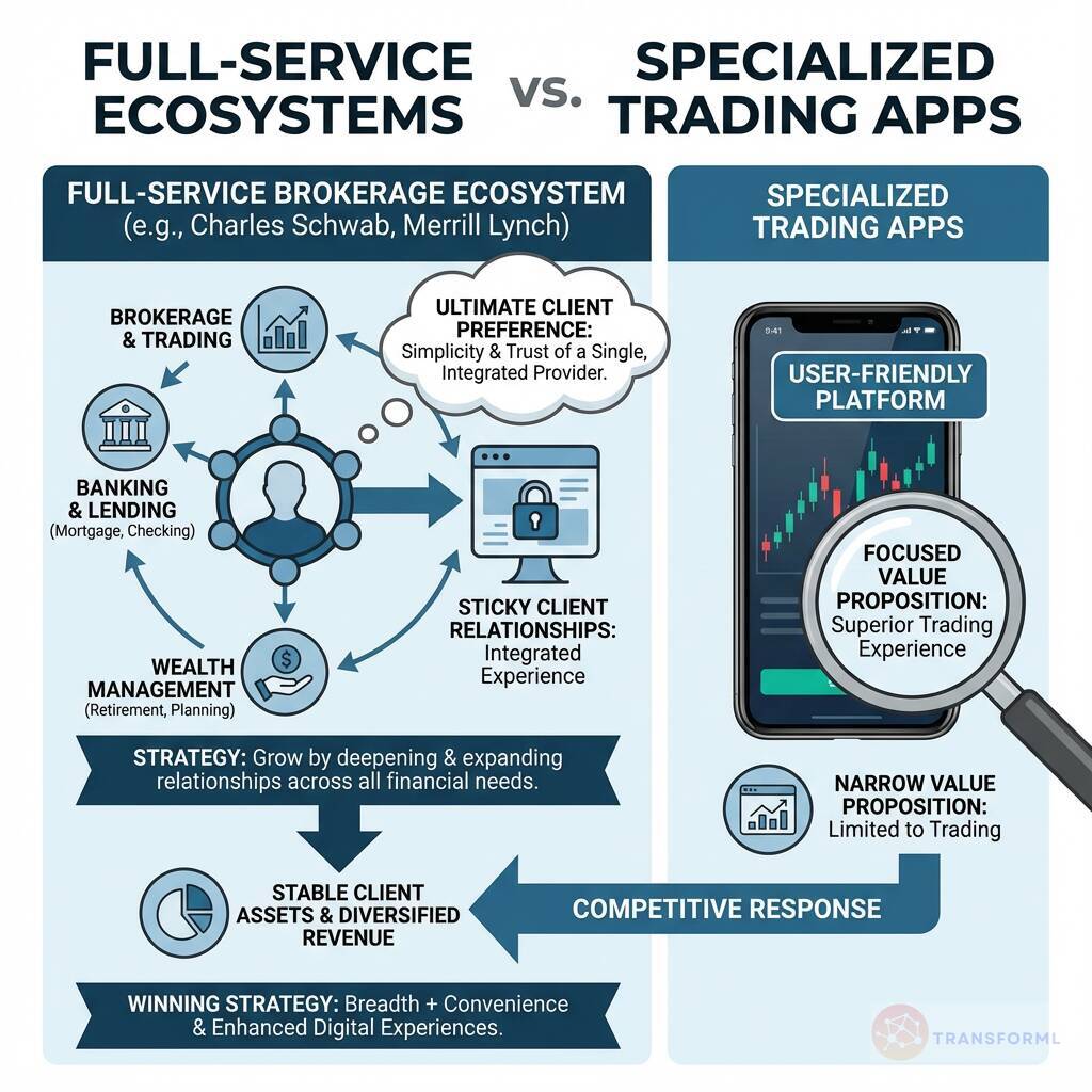 Comparison of full-service brokerage ecosystems like Charles Schwab and Merrill Lynch versus specialized trading apps, highlighting integrated financial services, client trust, and long-term relationship strategies.