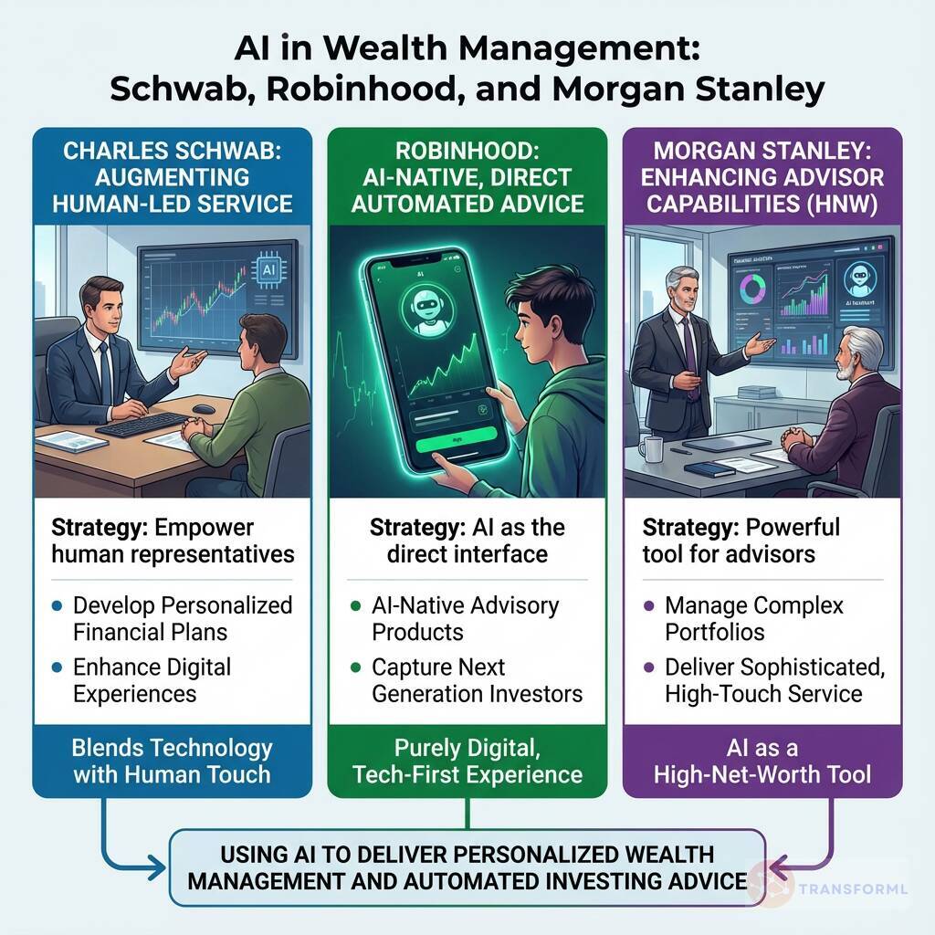 Overview of AI in wealth management comparing Charles Schwab's human-augmented service, Robinhood's AI-native automated advice, and Morgan Stanley's advisor-enhancement tools for high-net-worth clients.