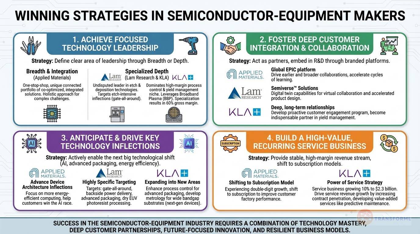 Winning strategies in semiconductor equipment makers highlighting technology leadership, deep customer integration, AI-driven inflections, and recurring service revenue