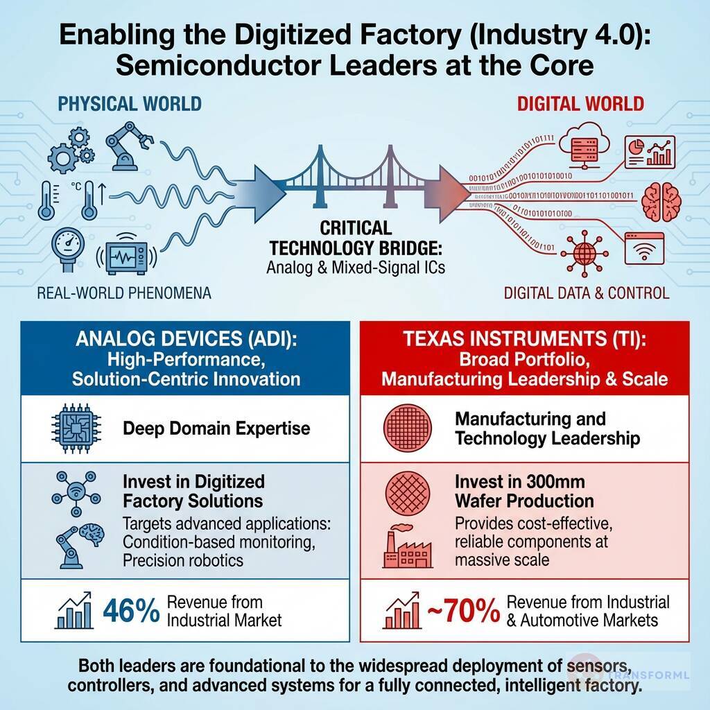 Illustration of Industry 4.0 digitized factories enabled by semiconductor leaders, connecting physical systems and digital control through analog and mixed-signal technologies.