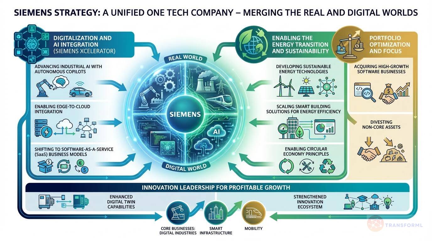 Visual strategy map of Siemens as a unified technology company, integrating industrial AI, digital twins, sustainability, software-driven growth, and portfolio optimization.