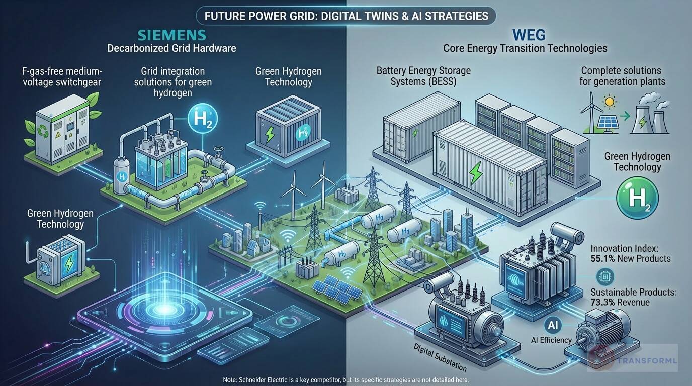 Comparison of Siemens and WEG decarbonized power grid strategies, highlighting green hydrogen, battery energy storage, digital substations, and hardware innovation.