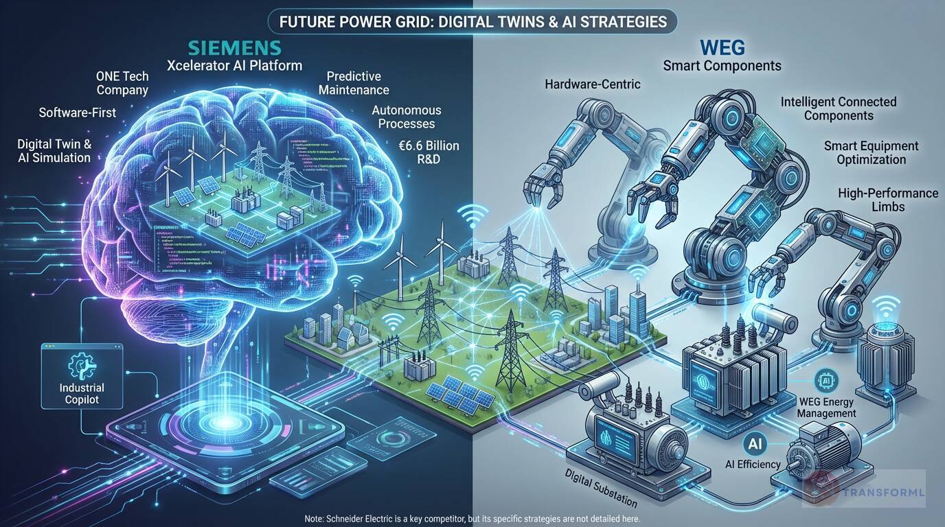 Illustration of digital twins and AI strategies for the future power grid, comparing Siemens' AI software platform with WEG's smart hardware and energy management systems.