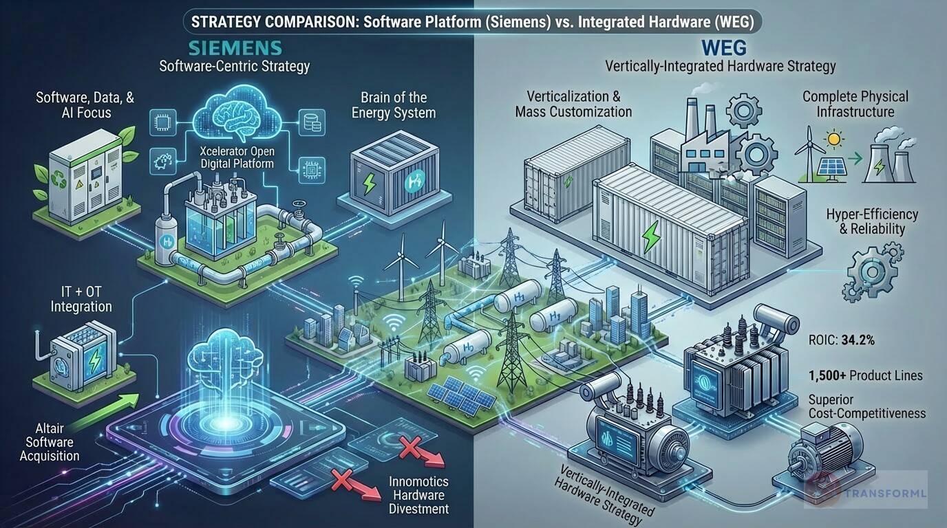 Strategic comparison of Siemens' software-centric Xcelerator platform versus WEG's vertically integrated hardware strategy for industrial and energy systems.