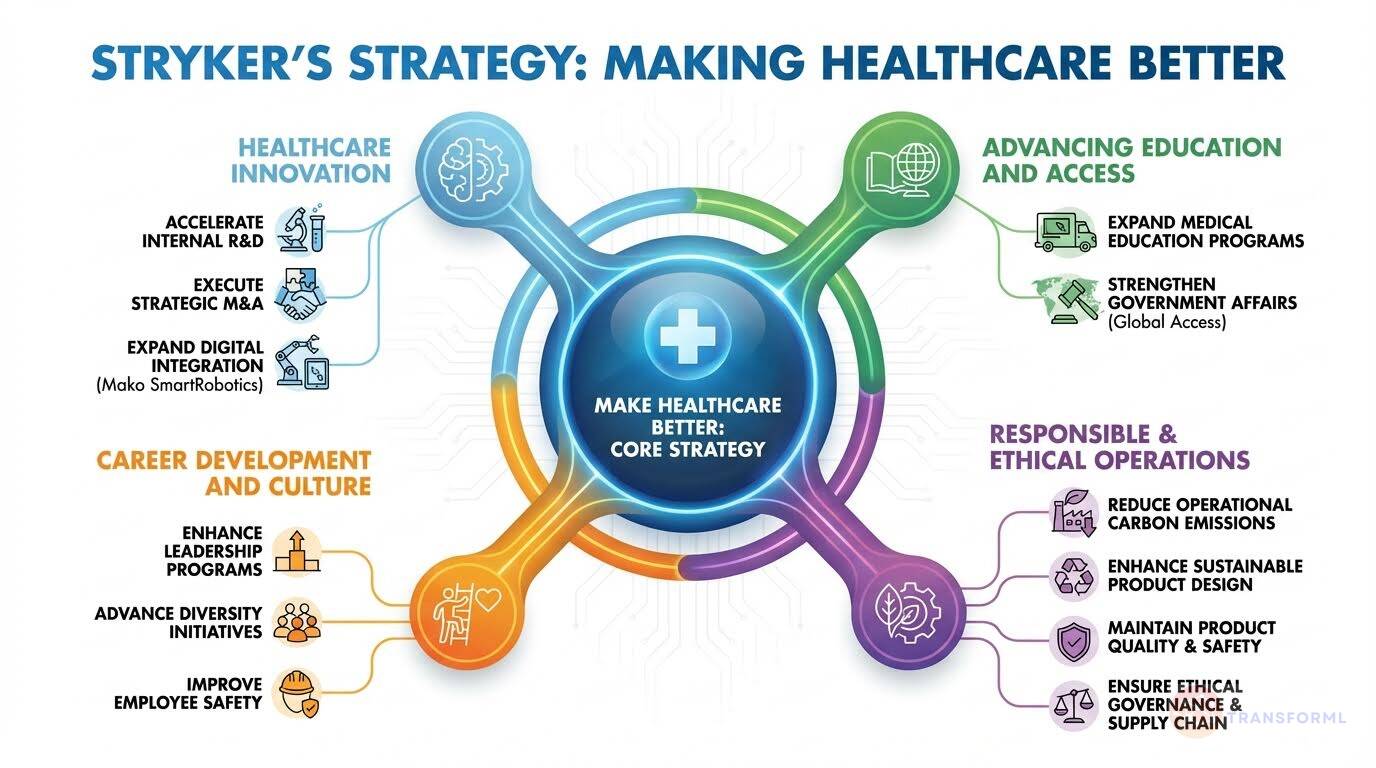 Stryker strategy framework illustrating how the company makes healthcare better through innovation, education and access, ethical operations, employee development, and digital integration.