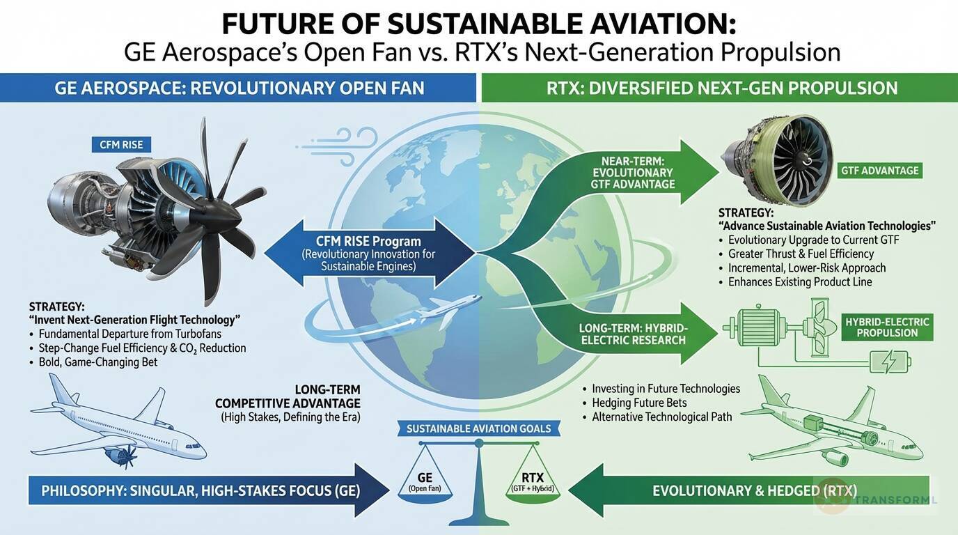 Comparison of sustainable aviation strategies showing GE Aerospace's open fan engine versus RTX's next-generation propulsion technologies, highlighting fuel efficiency, hybrid-electric research, and long-term innovation paths.