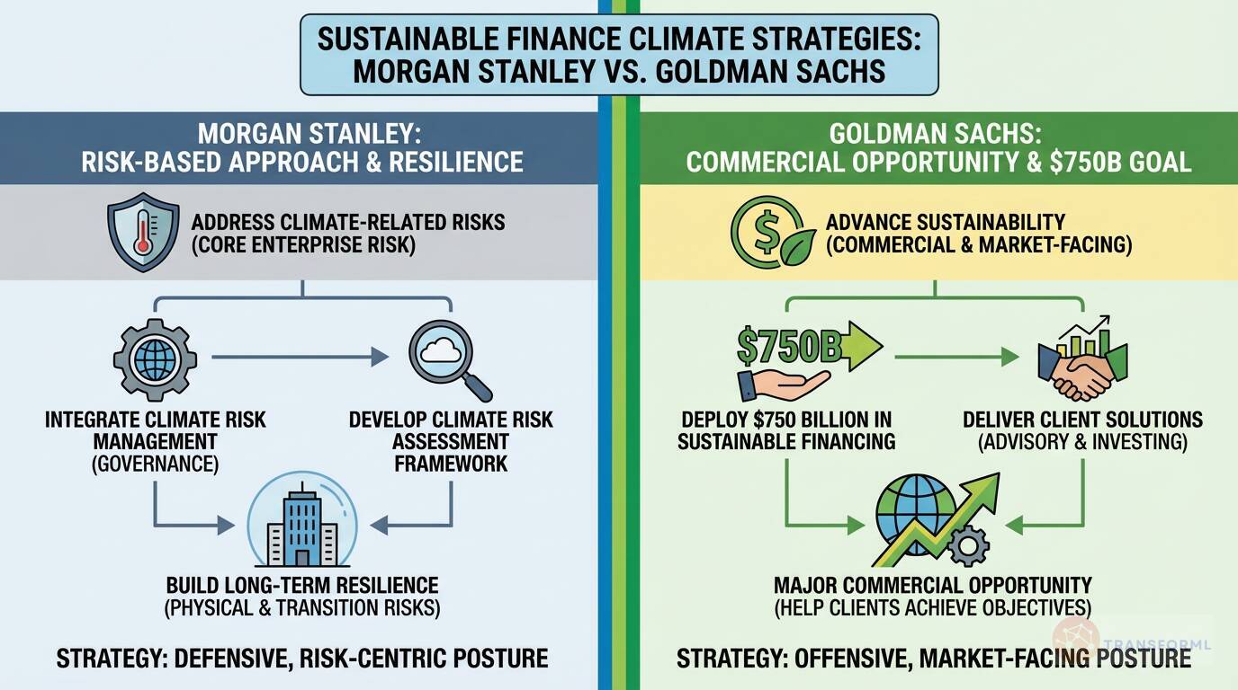 Sustainable finance strategy comparison between Morgan Stanley and Goldman Sachs, contrasting climate risk management with market-facing sustainable investment opportunities.