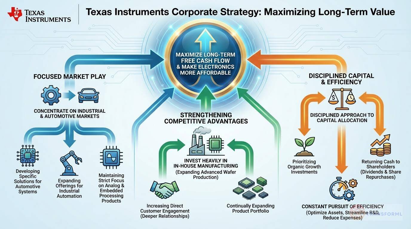 Texas Instruments corporate strategy visualization highlighting long-term value creation, disciplined capital allocation, and semiconductor manufacturing focus