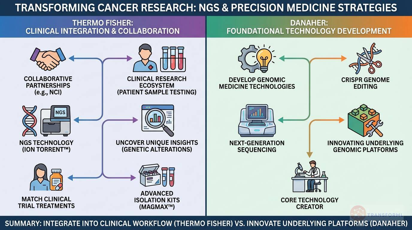 Illustration comparing Thermo Fisher and Danaher approaches to NGS and precision medicine in cancer research, highlighting clinical integration versus foundational genomic technology development.