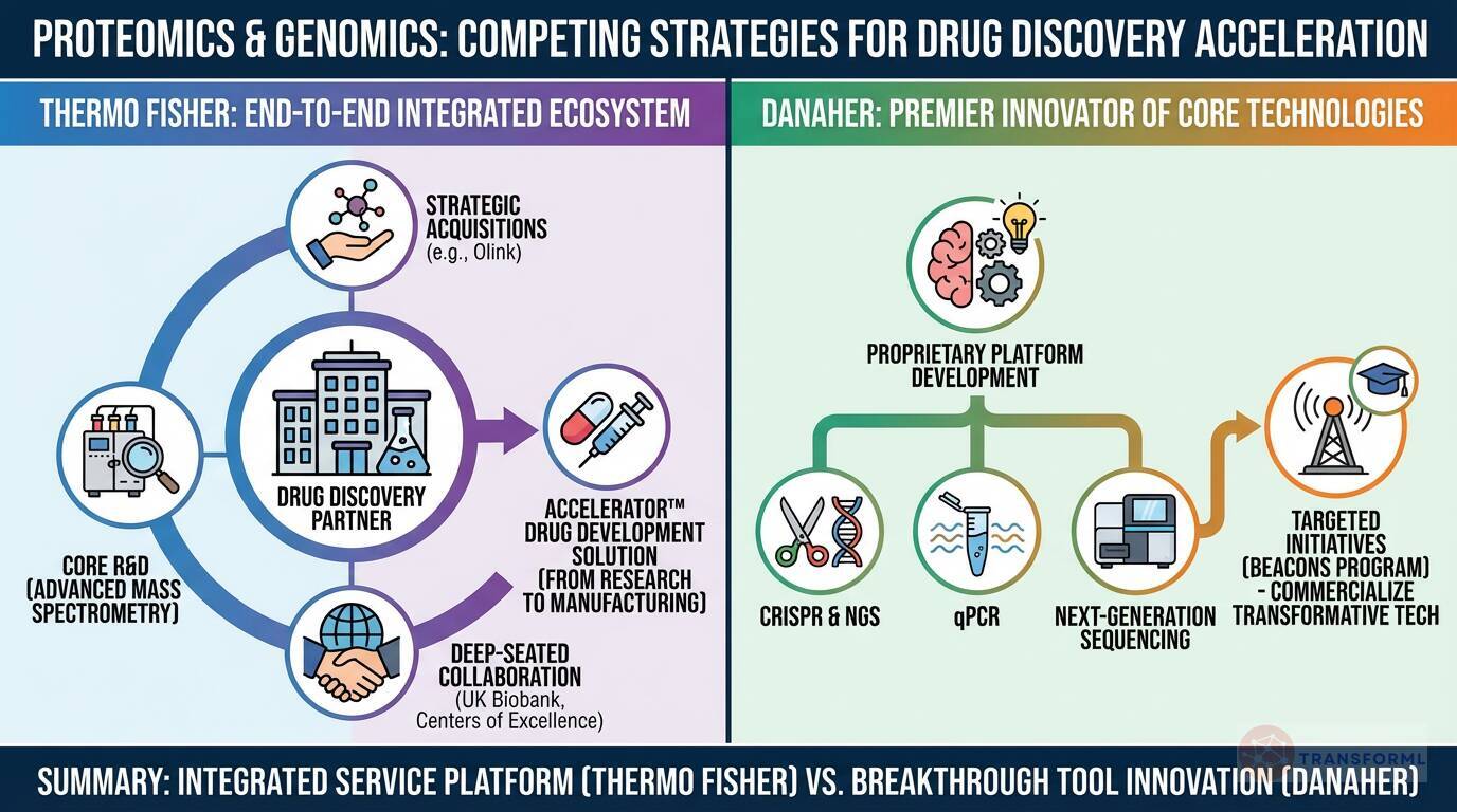 Proteomics and genomics strategy comparison between Thermo Fisher and Danaher, showing integrated drug discovery platforms versus proprietary core technology innovation.