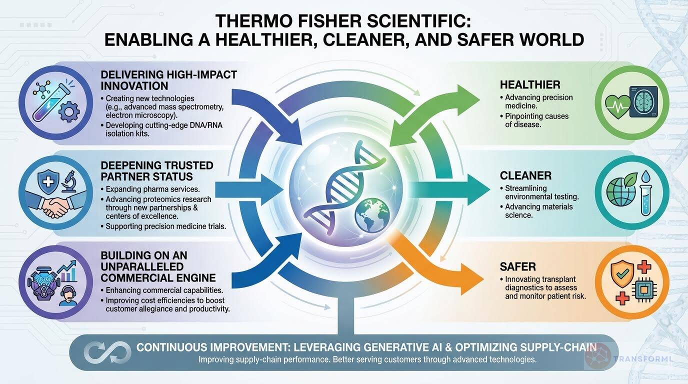 Thermo Fisher Scientific strategy infographic showing how innovation, partnerships, and supply-chain optimization enable a healthier, cleaner, and safer world across research, diagnostics, and healthcare.