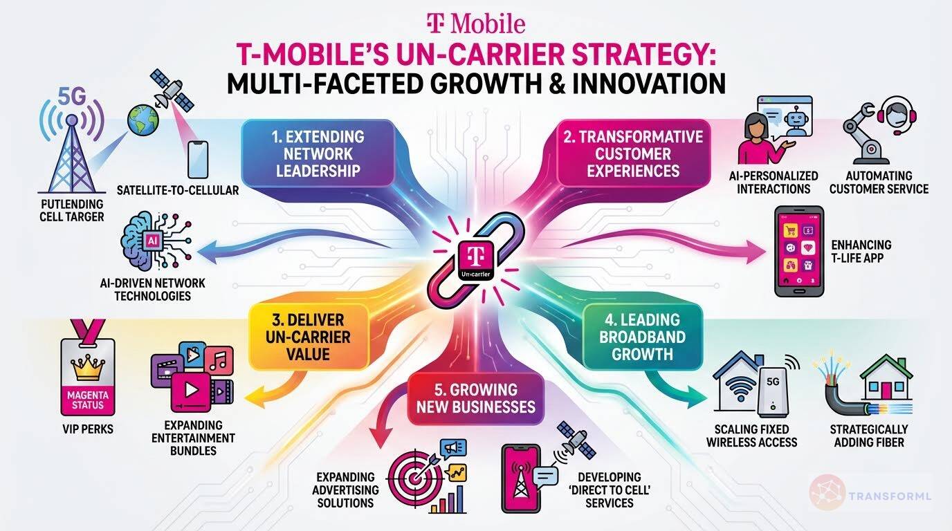 Infographic illustrating T-Mobile's Un-carrier strategy, highlighting network leadership, AI-driven customer experiences, broadband expansion, and new digital business growth.