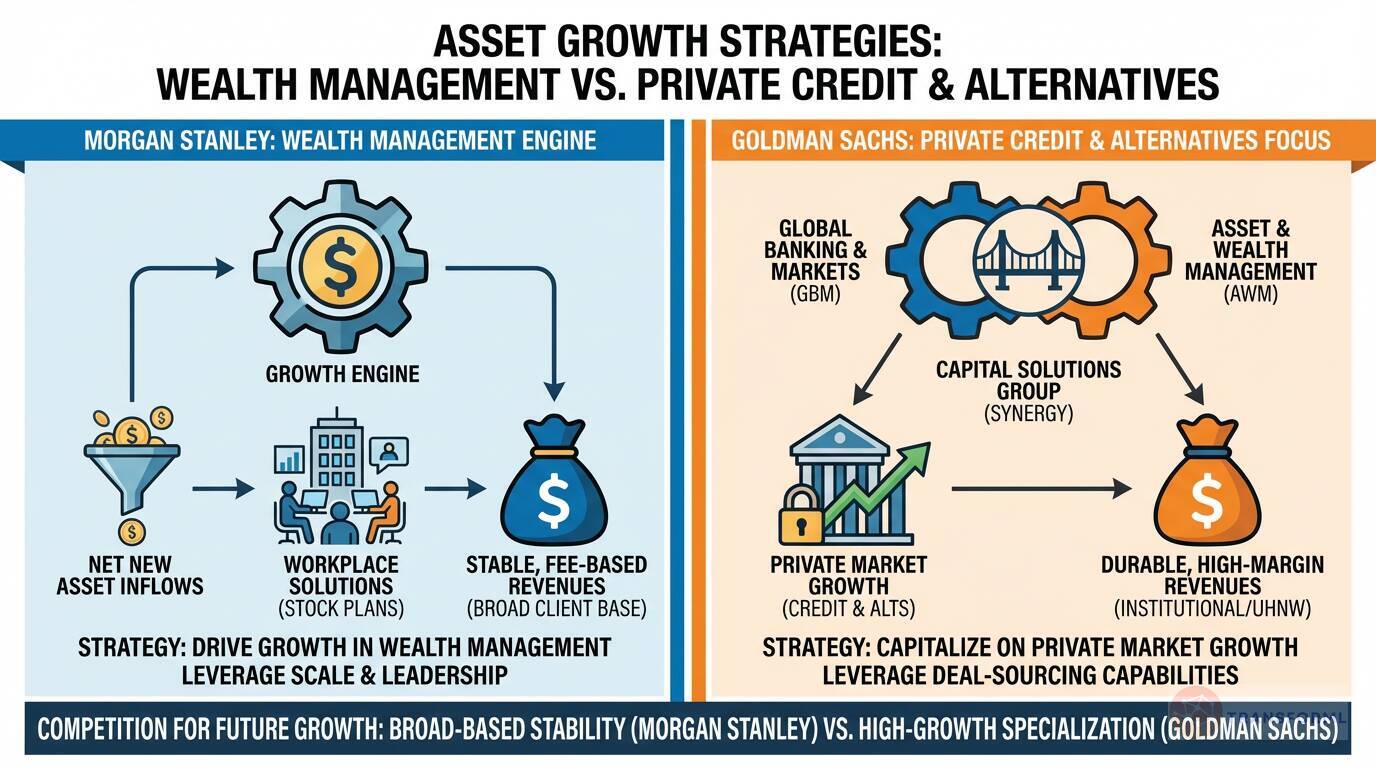 Asset growth strategy comparison between Morgan Stanley's wealth management engine and Goldman Sachs' focus on private credit and alternative investments.