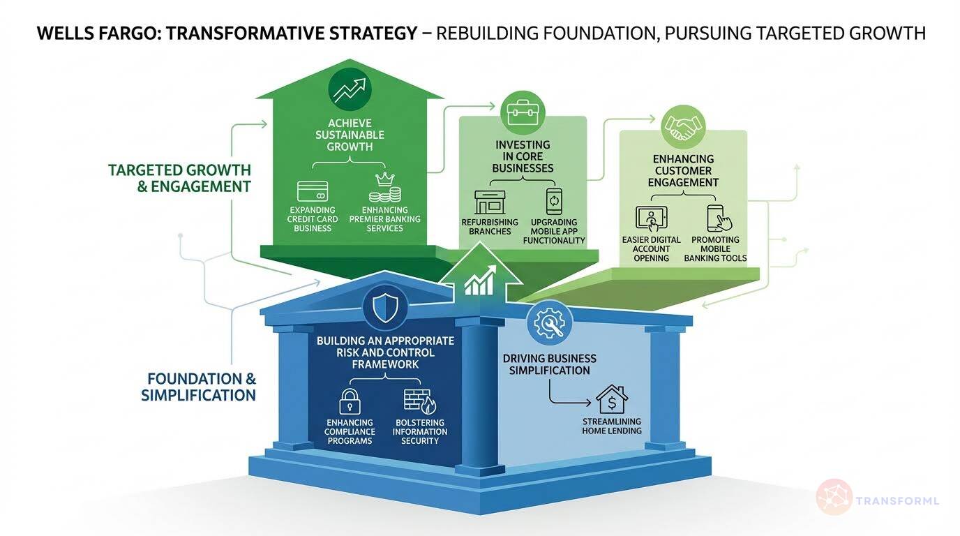 Wells Fargo transformative strategy diagram illustrating foundation rebuilding through risk control, operational simplification, targeted growth, digital banking investment, and enhanced customer engagement.